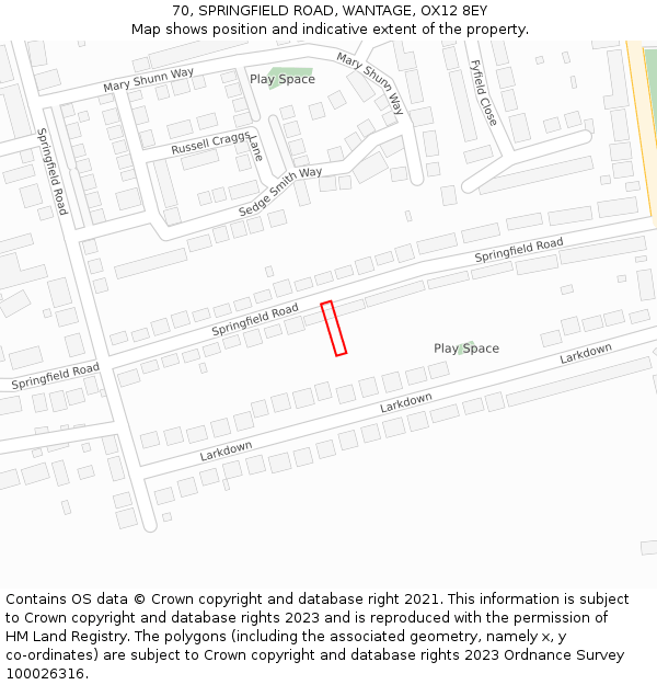 70, SPRINGFIELD ROAD, WANTAGE, OX12 8EY: Location map and indicative extent of plot