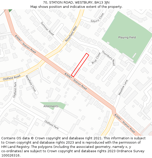 70, STATION ROAD, WESTBURY, BA13 3JN: Location map and indicative extent of plot