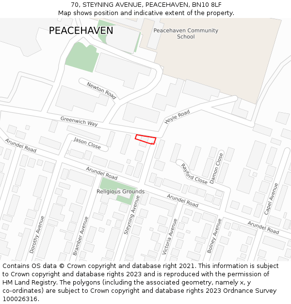 70, STEYNING AVENUE, PEACEHAVEN, BN10 8LF: Location map and indicative extent of plot