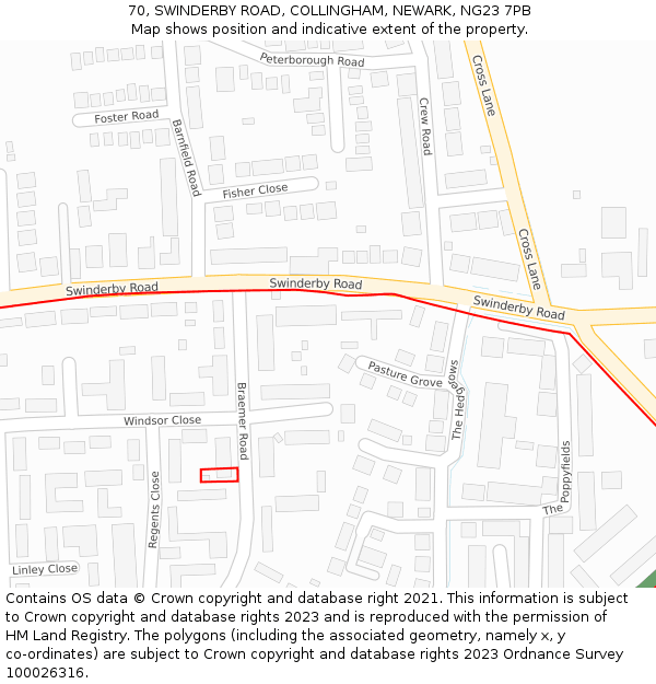 70, SWINDERBY ROAD, COLLINGHAM, NEWARK, NG23 7PB: Location map and indicative extent of plot