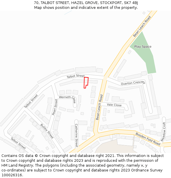 70, TALBOT STREET, HAZEL GROVE, STOCKPORT, SK7 4BJ: Location map and indicative extent of plot