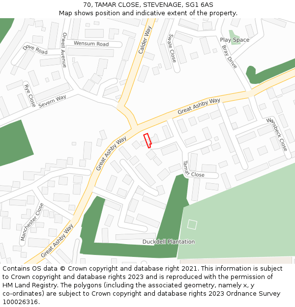 70, TAMAR CLOSE, STEVENAGE, SG1 6AS: Location map and indicative extent of plot