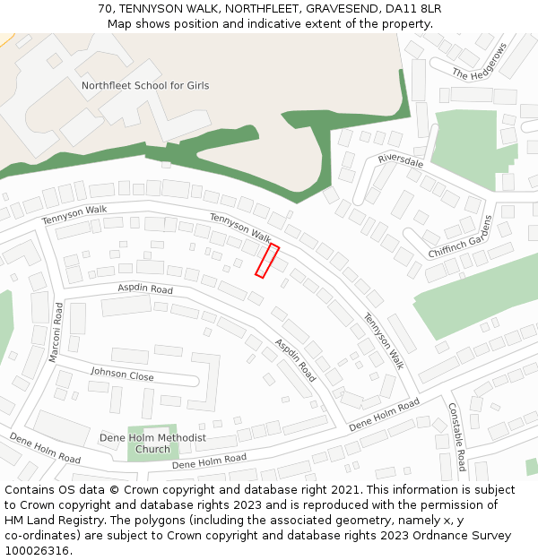 70, TENNYSON WALK, NORTHFLEET, GRAVESEND, DA11 8LR: Location map and indicative extent of plot