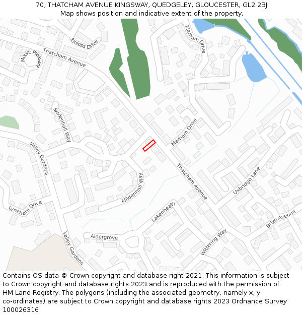 70, THATCHAM AVENUE KINGSWAY, QUEDGELEY, GLOUCESTER, GL2 2BJ: Location map and indicative extent of plot