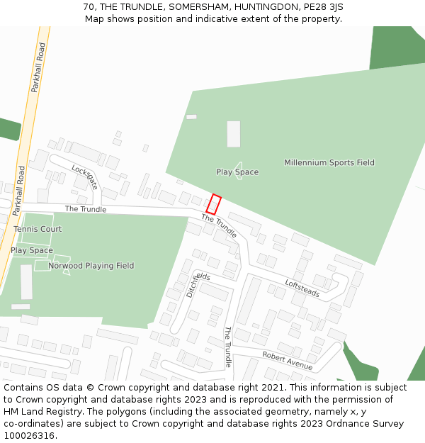 70, THE TRUNDLE, SOMERSHAM, HUNTINGDON, PE28 3JS: Location map and indicative extent of plot