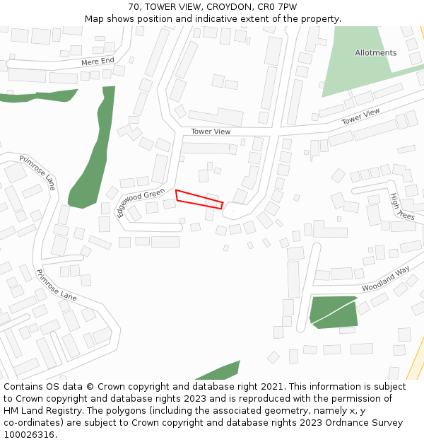 70, TOWER VIEW, CROYDON, CR0 7PW: Location map and indicative extent of plot