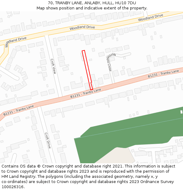 70, TRANBY LANE, ANLABY, HULL, HU10 7DU: Location map and indicative extent of plot