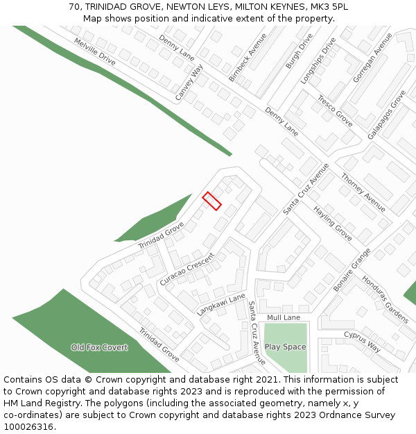 70, TRINIDAD GROVE, NEWTON LEYS, MILTON KEYNES, MK3 5PL: Location map and indicative extent of plot