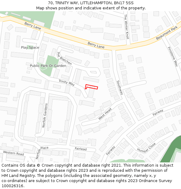 70, TRINITY WAY, LITTLEHAMPTON, BN17 5SS: Location map and indicative extent of plot