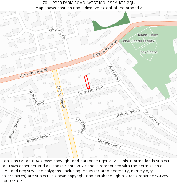 70, UPPER FARM ROAD, WEST MOLESEY, KT8 2QU: Location map and indicative extent of plot