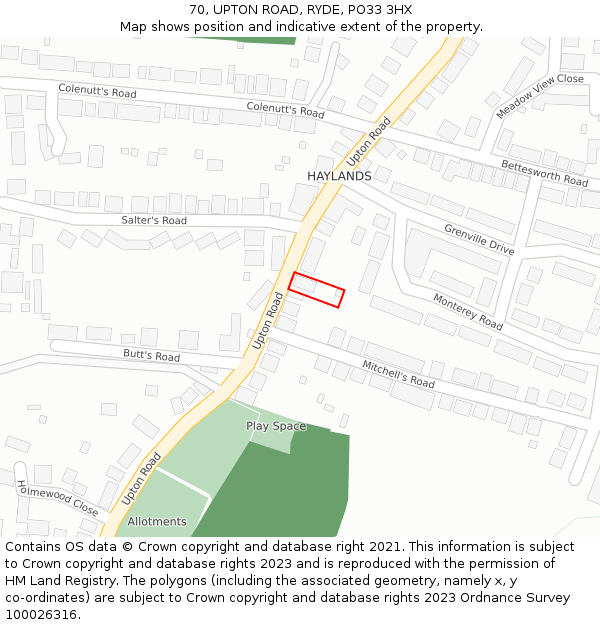 70, UPTON ROAD, RYDE, PO33 3HX: Location map and indicative extent of plot