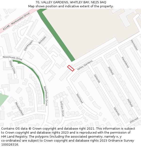 70, VALLEY GARDENS, WHITLEY BAY, NE25 9AQ: Location map and indicative extent of plot