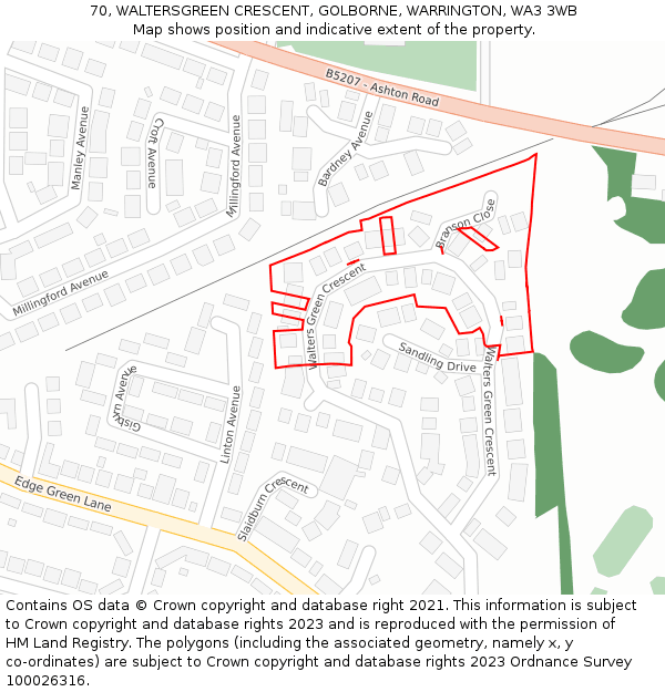 70, WALTERSGREEN CRESCENT, GOLBORNE, WARRINGTON, WA3 3WB: Location map and indicative extent of plot