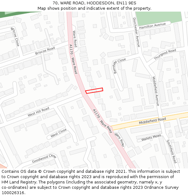 70, WARE ROAD, HODDESDON, EN11 9ES: Location map and indicative extent of plot