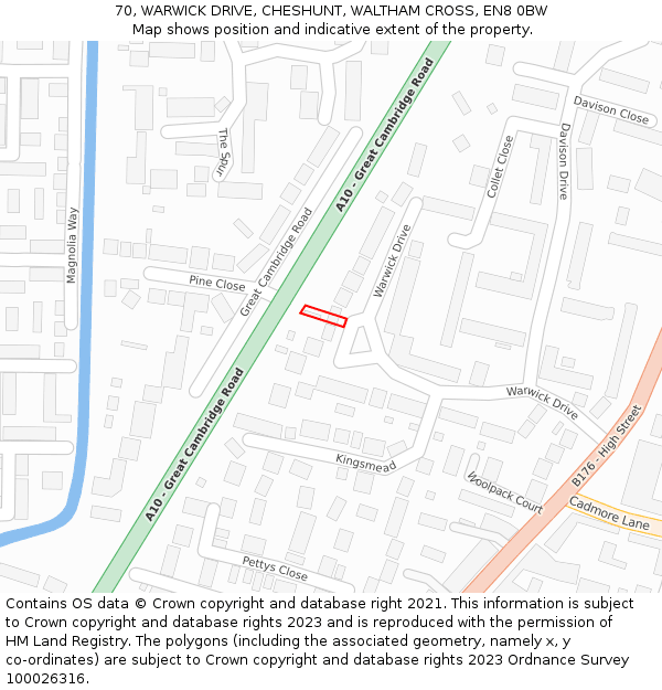 70, WARWICK DRIVE, CHESHUNT, WALTHAM CROSS, EN8 0BW: Location map and indicative extent of plot