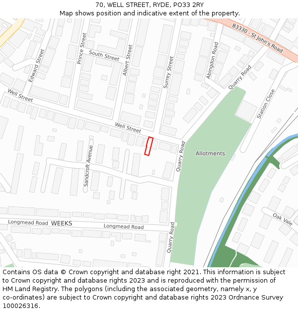 70, WELL STREET, RYDE, PO33 2RY: Location map and indicative extent of plot