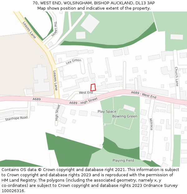 70, WEST END, WOLSINGHAM, BISHOP AUCKLAND, DL13 3AP: Location map and indicative extent of plot