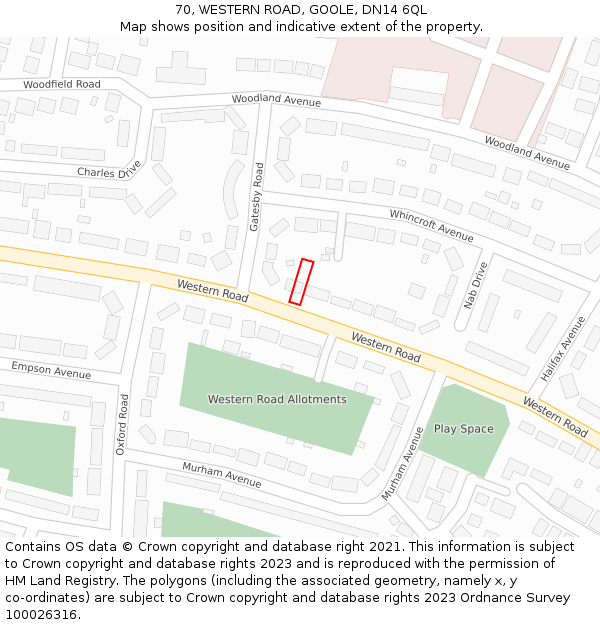 70, WESTERN ROAD, GOOLE, DN14 6QL: Location map and indicative extent of plot