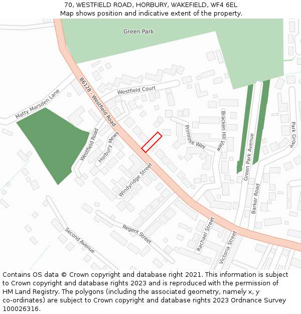 70, WESTFIELD ROAD, HORBURY, WAKEFIELD, WF4 6EL: Location map and indicative extent of plot