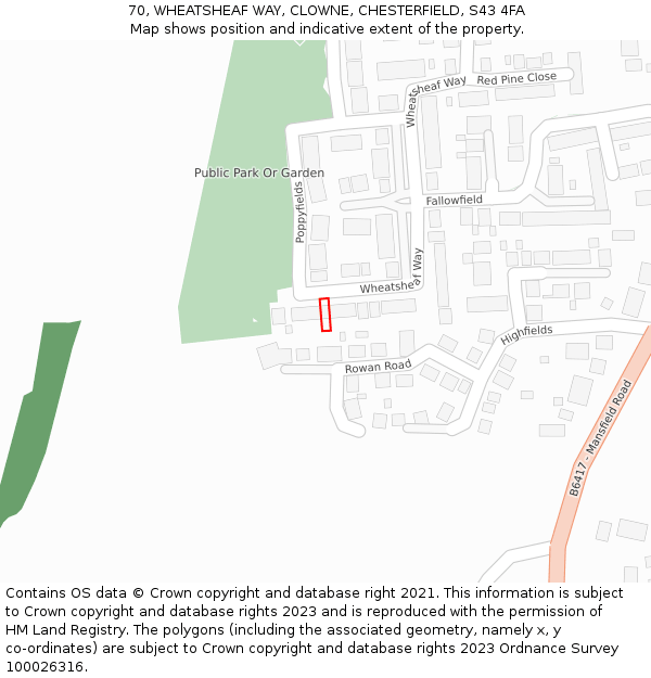 70, WHEATSHEAF WAY, CLOWNE, CHESTERFIELD, S43 4FA: Location map and indicative extent of plot
