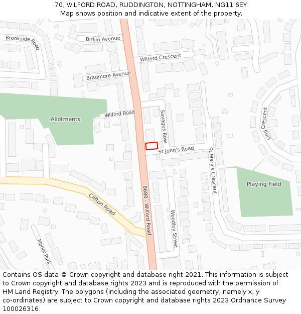 70, WILFORD ROAD, RUDDINGTON, NOTTINGHAM, NG11 6EY: Location map and indicative extent of plot