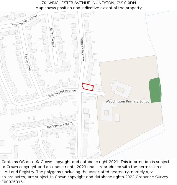 70, WINCHESTER AVENUE, NUNEATON, CV10 0DN: Location map and indicative extent of plot