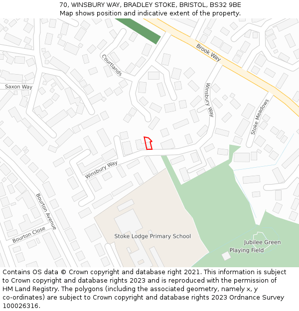 70, WINSBURY WAY, BRADLEY STOKE, BRISTOL, BS32 9BE: Location map and indicative extent of plot