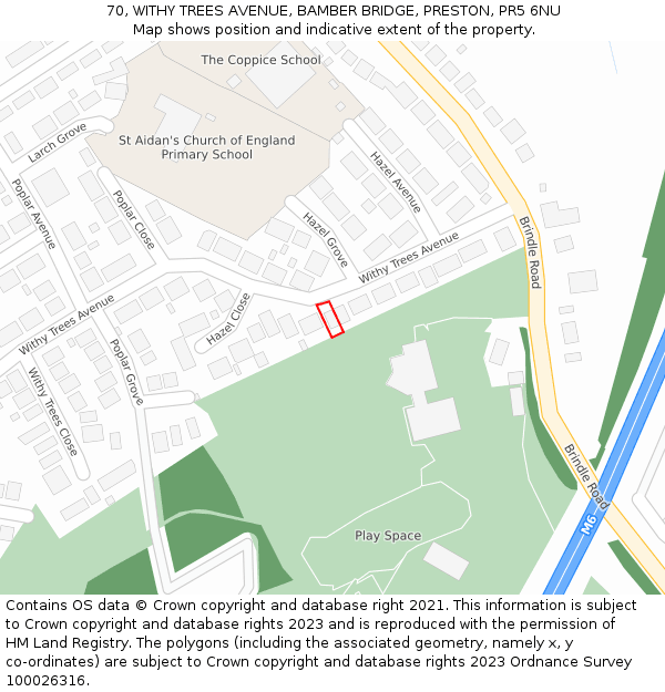 70, WITHY TREES AVENUE, BAMBER BRIDGE, PRESTON, PR5 6NU: Location map and indicative extent of plot