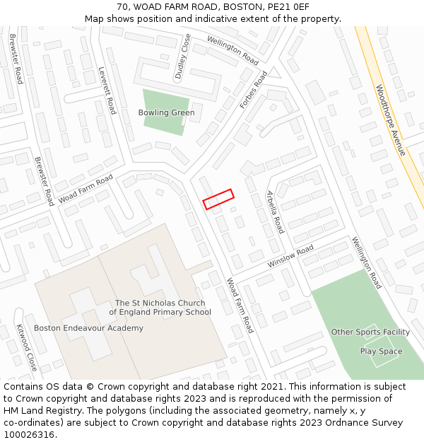 70, WOAD FARM ROAD, BOSTON, PE21 0EF: Location map and indicative extent of plot