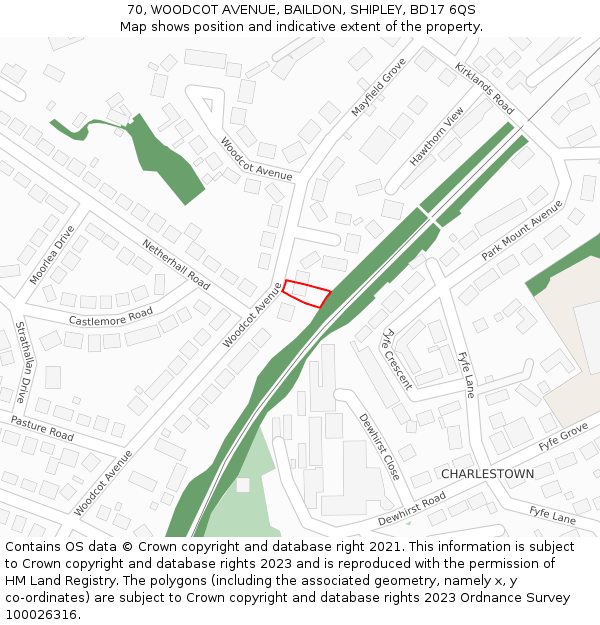 70, WOODCOT AVENUE, BAILDON, SHIPLEY, BD17 6QS: Location map and indicative extent of plot