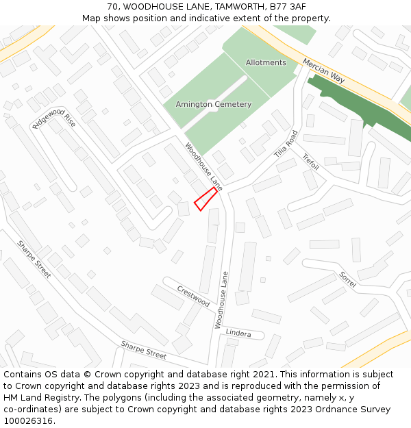 70, WOODHOUSE LANE, TAMWORTH, B77 3AF: Location map and indicative extent of plot