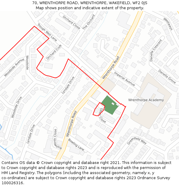 70, WRENTHORPE ROAD, WRENTHORPE, WAKEFIELD, WF2 0JS: Location map and indicative extent of plot