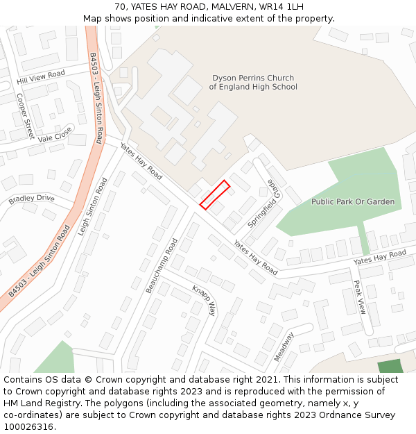 70, YATES HAY ROAD, MALVERN, WR14 1LH: Location map and indicative extent of plot