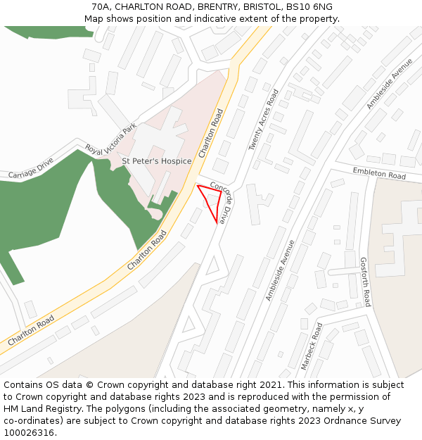 70A, CHARLTON ROAD, BRENTRY, BRISTOL, BS10 6NG: Location map and indicative extent of plot