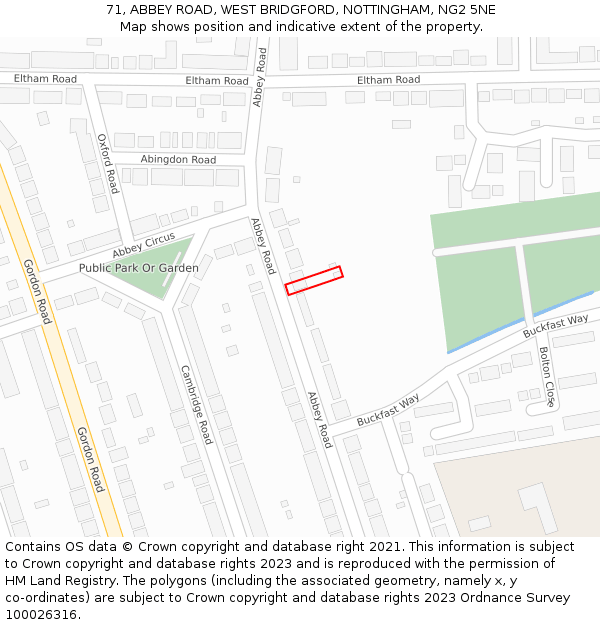 71, ABBEY ROAD, WEST BRIDGFORD, NOTTINGHAM, NG2 5NE: Location map and indicative extent of plot