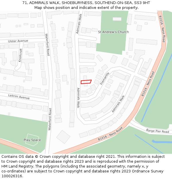 71, ADMIRALS WALK, SHOEBURYNESS, SOUTHEND-ON-SEA, SS3 9HT: Location map and indicative extent of plot