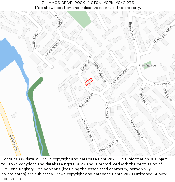 71, AMOS DRIVE, POCKLINGTON, YORK, YO42 2BS: Location map and indicative extent of plot