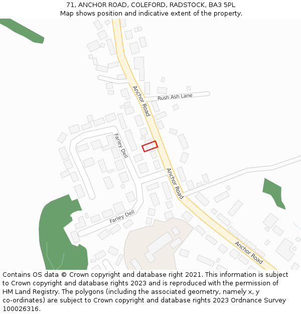 71, ANCHOR ROAD, COLEFORD, RADSTOCK, BA3 5PL: Location map and indicative extent of plot