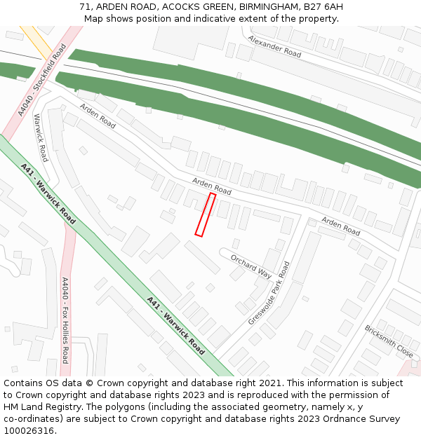 71, ARDEN ROAD, ACOCKS GREEN, BIRMINGHAM, B27 6AH: Location map and indicative extent of plot