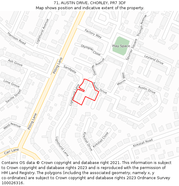71, AUSTIN DRIVE, CHORLEY, PR7 3DF: Location map and indicative extent of plot