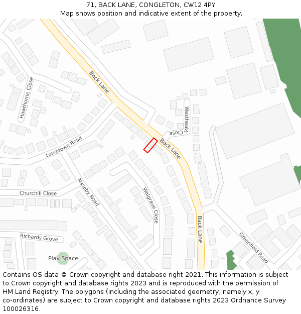 71, BACK LANE, CONGLETON, CW12 4PY: Location map and indicative extent of plot