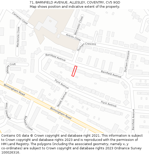 71, BARNFIELD AVENUE, ALLESLEY, COVENTRY, CV5 9GD: Location map and indicative extent of plot