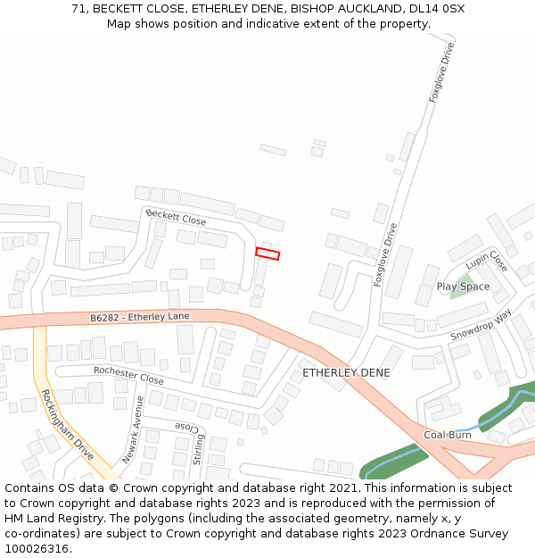 71, BECKETT CLOSE, ETHERLEY DENE, BISHOP AUCKLAND, DL14 0SX: Location map and indicative extent of plot