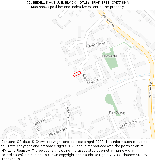 71, BEDELLS AVENUE, BLACK NOTLEY, BRAINTREE, CM77 8NA: Location map and indicative extent of plot