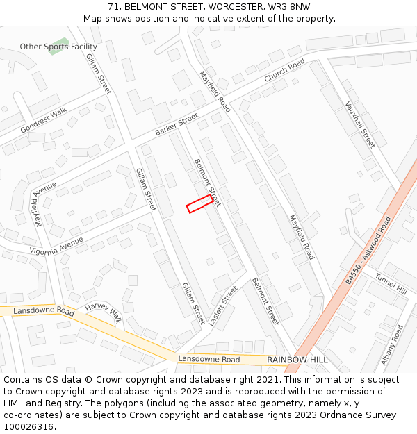 71, BELMONT STREET, WORCESTER, WR3 8NW: Location map and indicative extent of plot