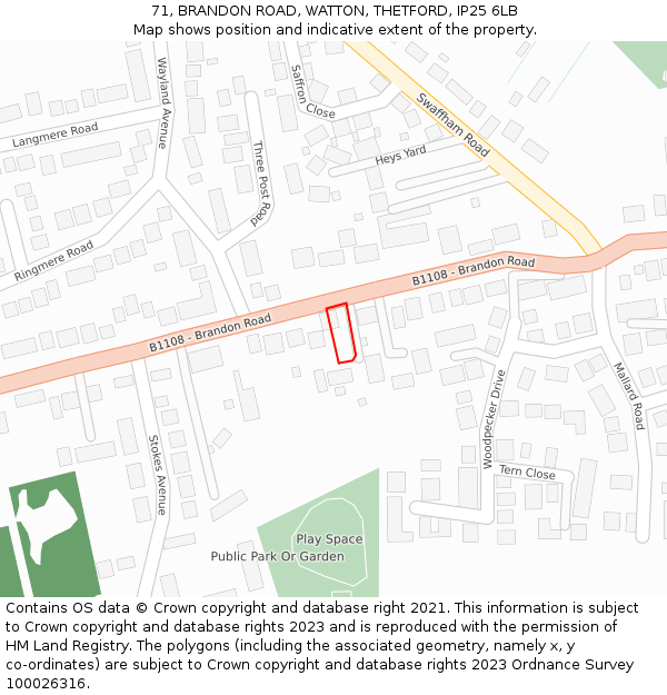 71, BRANDON ROAD, WATTON, THETFORD, IP25 6LB: Location map and indicative extent of plot