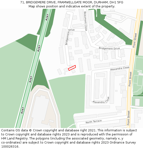 71, BRIDGEMERE DRIVE, FRAMWELLGATE MOOR, DURHAM, DH1 5FG: Location map and indicative extent of plot