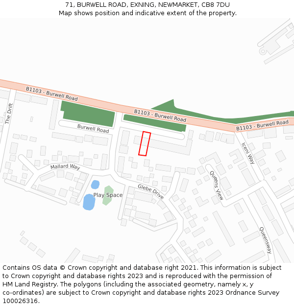 71, BURWELL ROAD, EXNING, NEWMARKET, CB8 7DU: Location map and indicative extent of plot