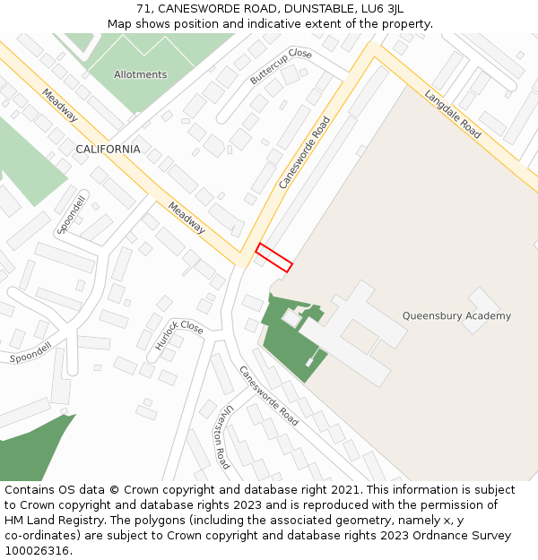 71, CANESWORDE ROAD, DUNSTABLE, LU6 3JL: Location map and indicative extent of plot
