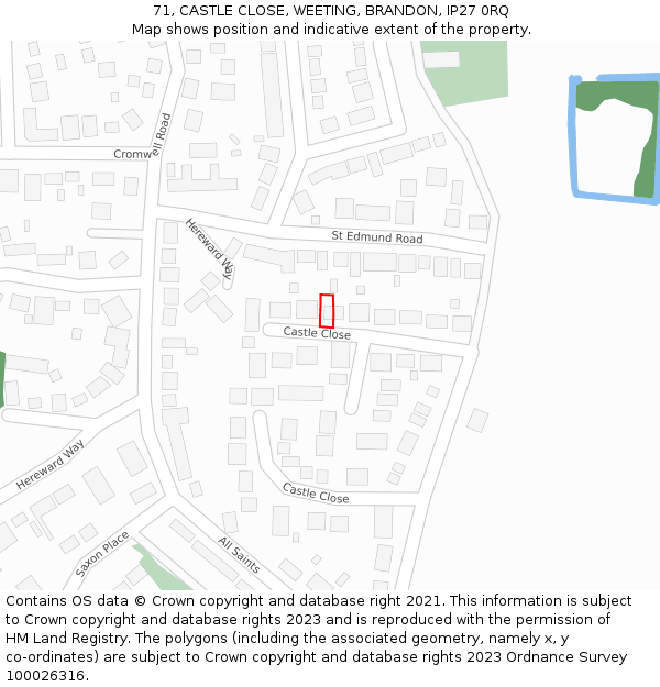 71, CASTLE CLOSE, WEETING, BRANDON, IP27 0RQ: Location map and indicative extent of plot